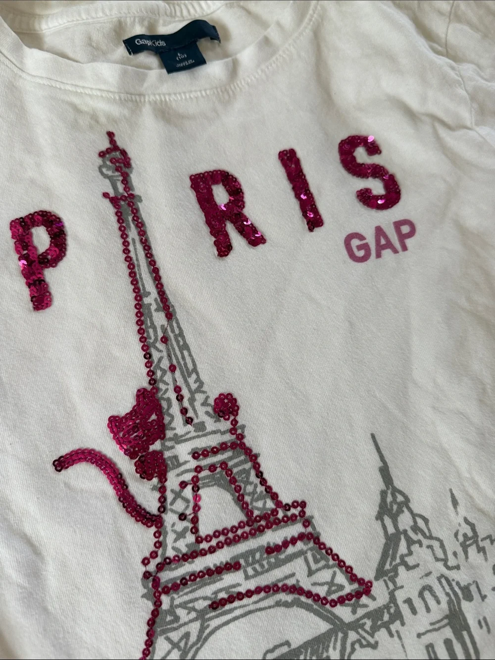 GAP White Long Sleeve Paris Eiffel Tower Tee with Red Accents